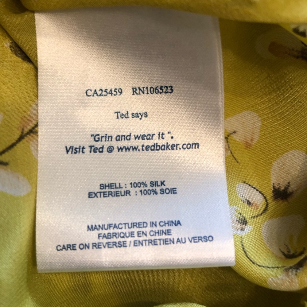 Ted Baker London Chartreuse  Floral Silk Blouse with Bow Detail. Size 3 - Picture 7 of 8